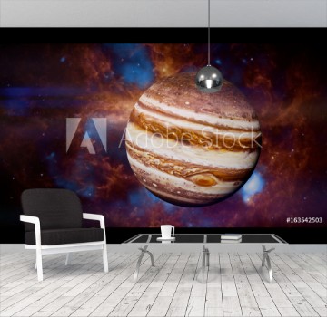 Bild på planet Jupiter in front of a beautiful space nebula